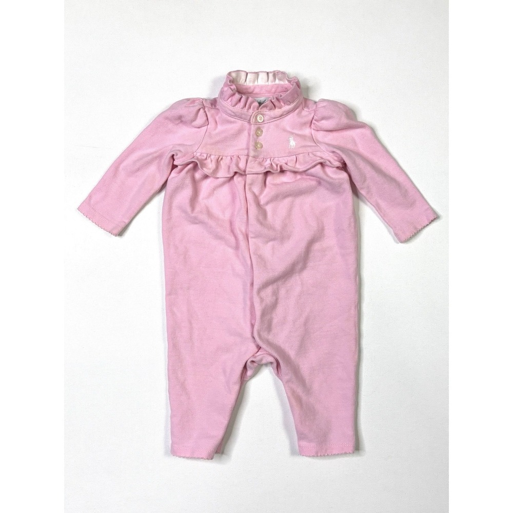 Ralph Lauren Baby Girl Romper 6M Pink Ruffle Precious Pajamas